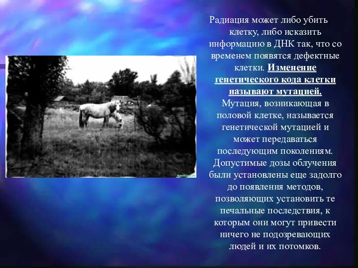 Радиация может либо убить клетку, либо исказить информацию в ДНК так, что со