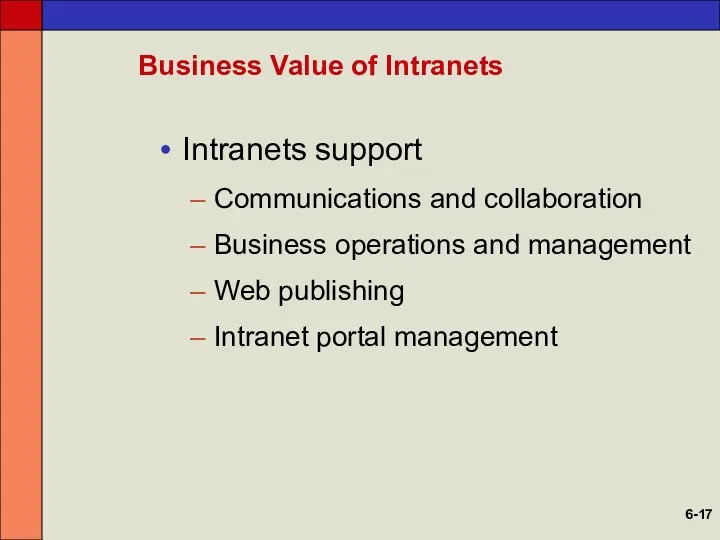 Business Value of Intranets Intranets support Communications and collaboration Business operations and management