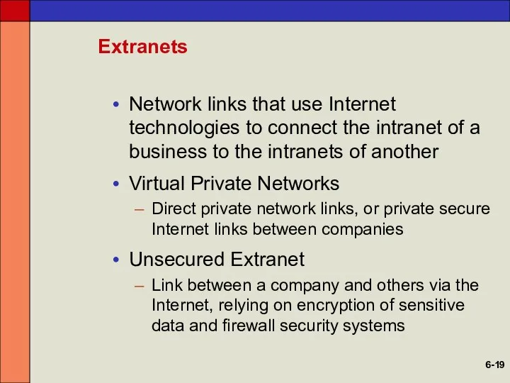 Extranets Network links that use Internet technologies to connect the intranet of a