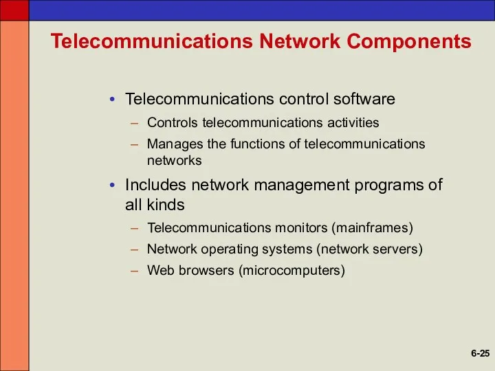 Telecommunications Network Components Telecommunications control software Controls telecommunications activities Manages the functions of