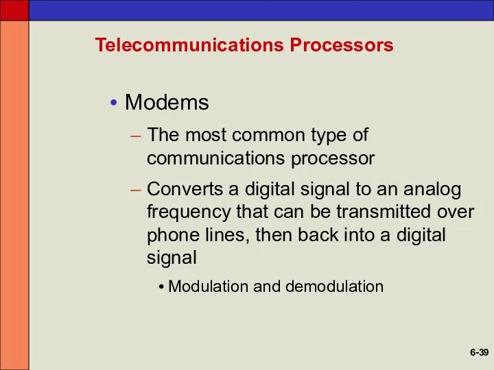 Telecommunications Processors Modems The most common type of communications processor Converts a digital