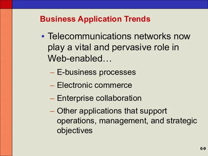 Business Application Trends Telecommunications networks now play a vital and pervasive role in