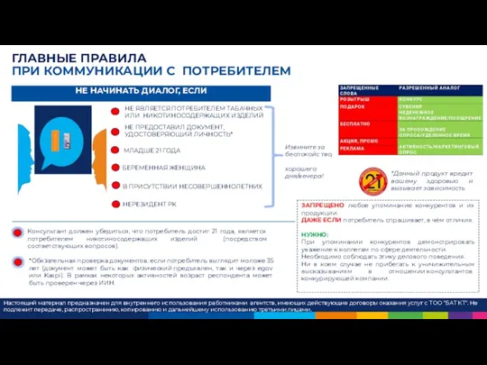 Консультант должен убедиться, что потребитель достиг 21 года, является потребителем