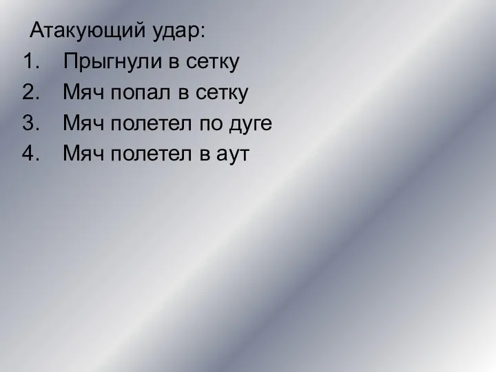 Атакующий удар: Прыгнули в сетку Мяч попал в сетку Мяч