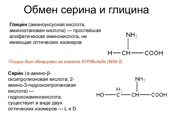 Обмен серина и глицина Глици́н (аминоуксусная кислота, аминоэтановая кислота) —