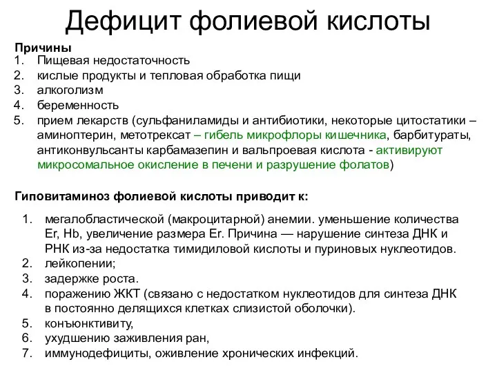 Дефицит фолиевой кислоты Пищевая недостаточность кислые продукты и тепловая обработка