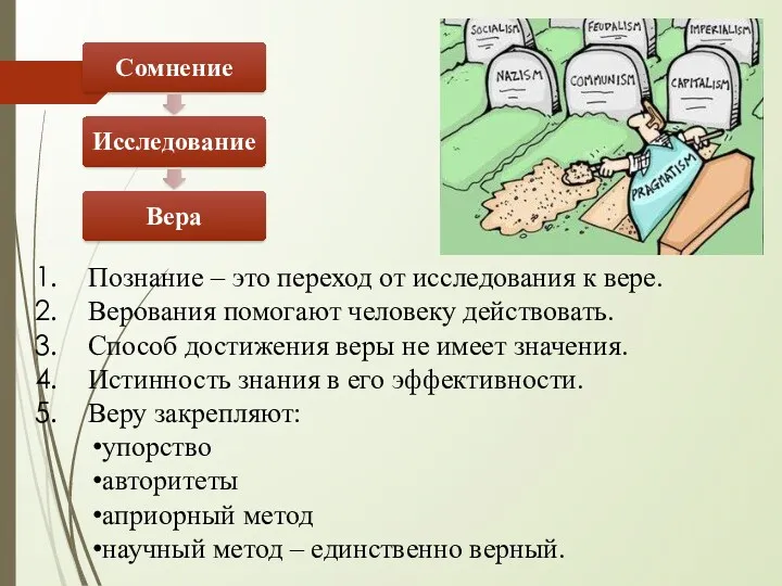 Познание – это переход от исследования к вере. Верования помогают