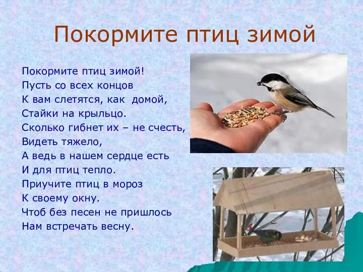 Покормите птиц зимой Покормите птиц зимой! Пусть со всех концов К вам слетятся,