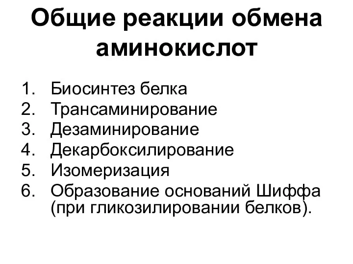 Общие реакции обмена аминокислот Биосинтез белка Трансаминирование Дезаминирование Декарбоксилирование Изомеризация Образование оснований Шиффа (при гликозилировании белков).