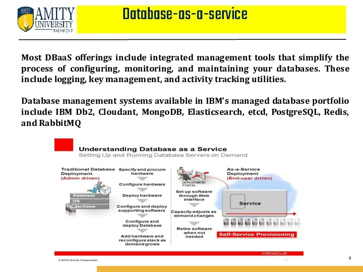 Database-as-a-service Most DBaaS offerings include integrated management tools that simplify the process of