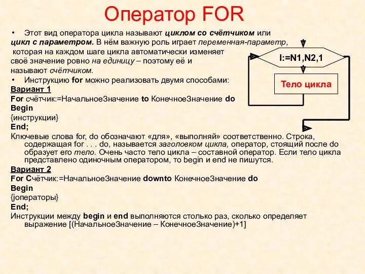 Оператор FOR Этот вид оператора цикла называют циклом со счётчиком или цикл с