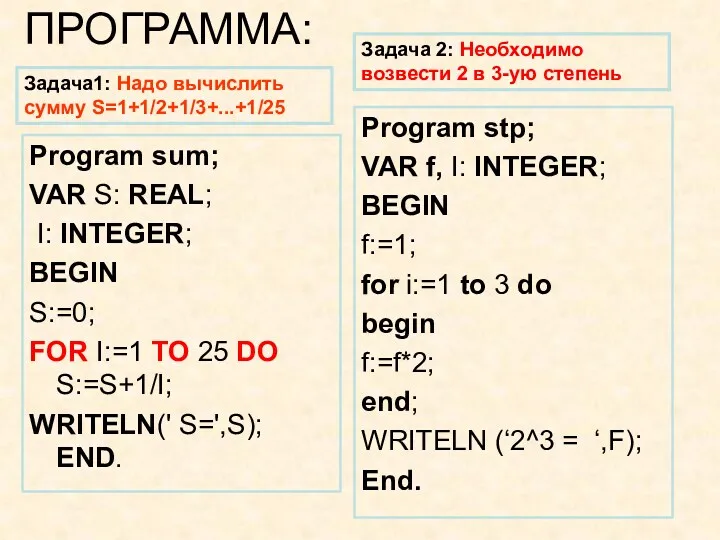 ПРОГРАММА: Program sum; VAR S: REAL; I: INTEGER; BEGIN S:=0; FOR I:=1 TO