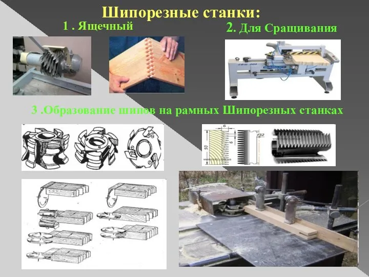 Шипорезные станки: 1 . Ящечный 2. Для Сращивания 3 .Образование шипов на рамных Шипорезных станках