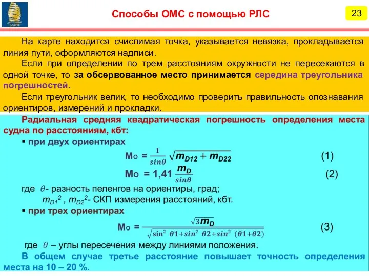 23 Способы ОМС с помощью РЛС На карте находится счислимая