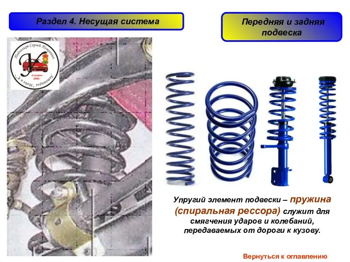 Упругий элемент подвески – пружина (спиральная рессора) служит для смягчения