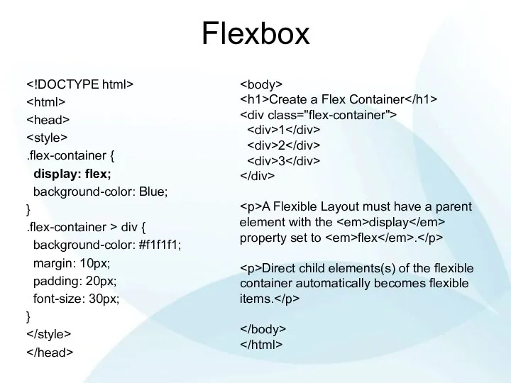 Flexbox .flex-container { display: flex; background-color: Blue; } .flex-container >