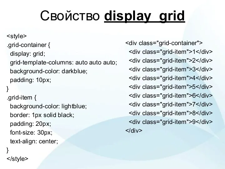 Свойство display grid .grid-container { display: grid; grid-template-columns: auto auto