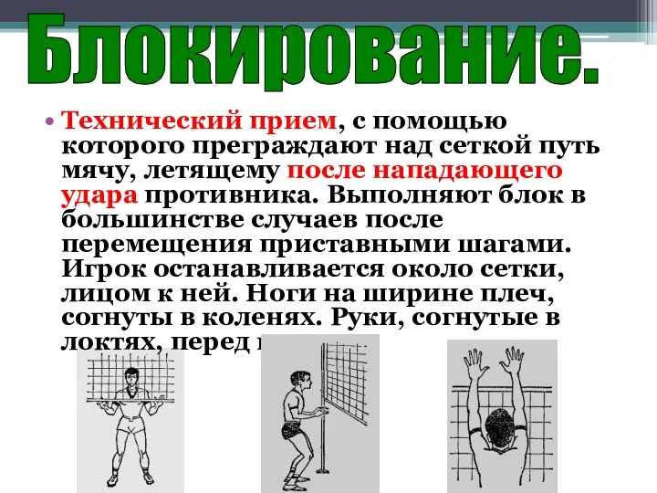 Технический прием, с помощью которого преграждают над сеткой путь мячу,