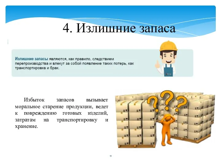 4. Излишние запаса Избыток запасов вызывает моральное старение продукции, ведет