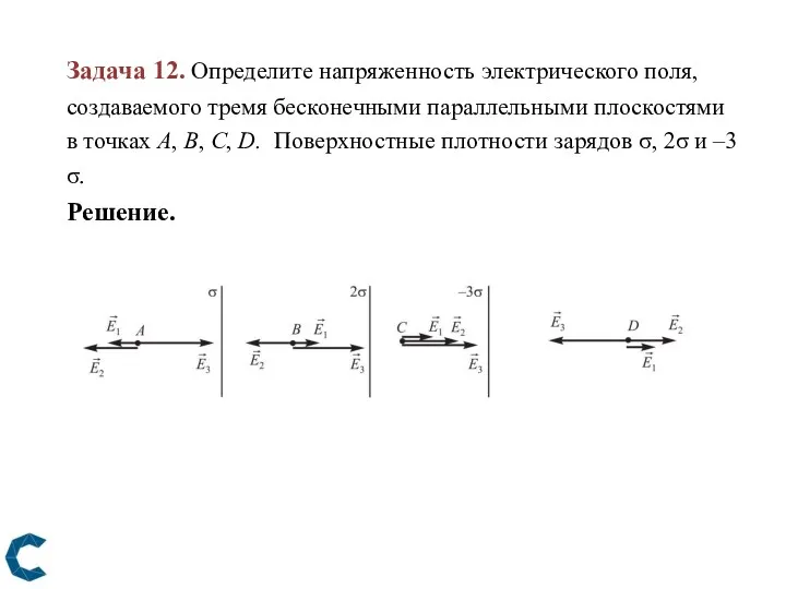 Задача 12. Определите напряженность электрического поля, создаваемого тремя бесконечными параллельными плоскостями в точках