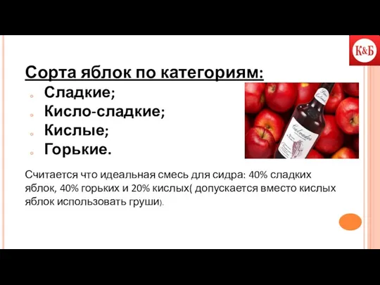 Сорта яблок по категориям: Сладкие; Кисло-сладкие; Кислые; Горькие. Считается что