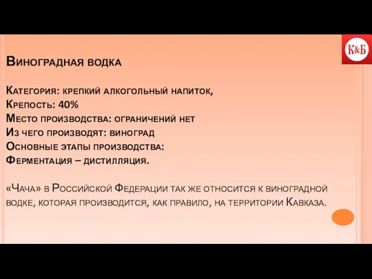 Виноградная водка Категория: крепкий алкогольный напиток, Крепость: 40% Место производства: