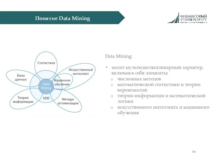 Понятие Data Mining Data Mining: носит мультидисциплинарный характер, включая в