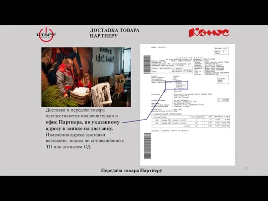 ДОСТАВКА ТОВАРА ПАРТНЕРУ Доставка и передача товара осуществляется исключительно в