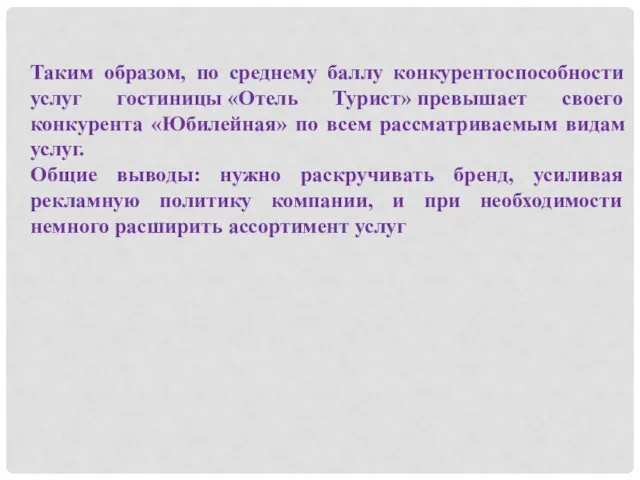 Таким образом, по среднему баллу конкурентоспособности услуг гостиницы «Отель Турист»