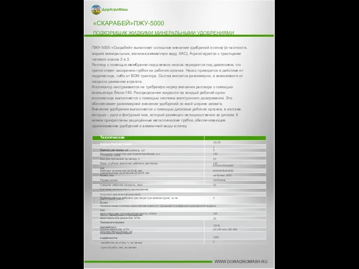 «СКАРАБЕЙ»ПЖУ-5000 ПОДКОРМЩИК ЖИДКИМИ МИНЕРАЛЬНЫМИ УДОБРЕНИЯМИ ПЖУ-5000 «Скарабей» выполняет сплошное внесение