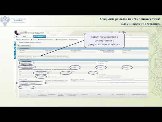 Открытие разделов на «71» лицевых счетах Блок «Документ-основание» Раздел заполняется в соответствии с Документом-основанием