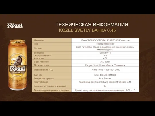 ТЕХНИЧЕСКАЯ ИНФОРМАЦИЯ KOZEL SVETLY БАНКА 0,45