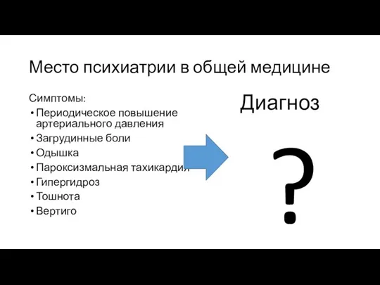 Место психиатрии в общей медицине Симптомы: Периодическое повышение артериального давления