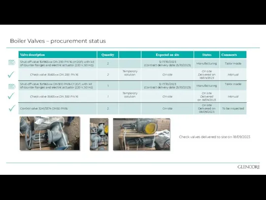 Boiler Valves – procurement status Check valves delivered to site on 18/09/2023