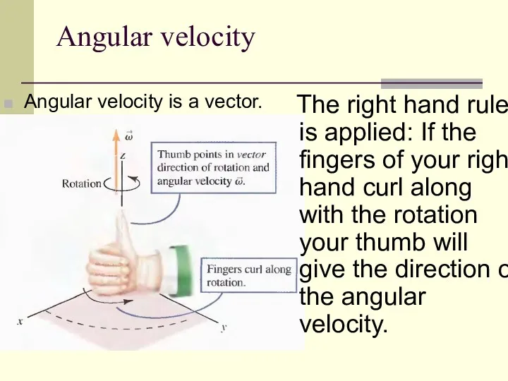 Angular velocity Angular velocity is a vector. The right hand