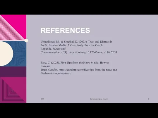 REFERENCES 20ГГ Заголовок презентации Urbániková, M., & Smejkal, K. (2023).