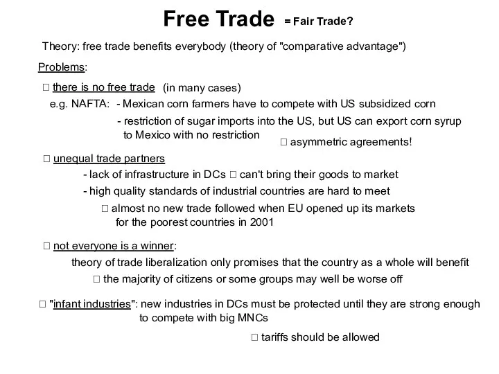 Free Trade Theory: free trade benefits everybody Problems: ? there