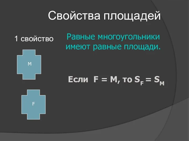 Свойства площадей 1 свойство Равные многоугольники имеют равные площади. F