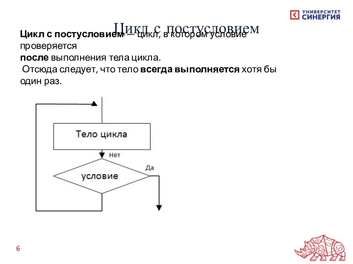 Цикл с постусловием Цикл с постусловием — цикл, в котором