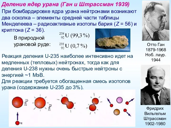 Деление ядер урана (Ган и Штрассман 1939) При бомбардировке ядра