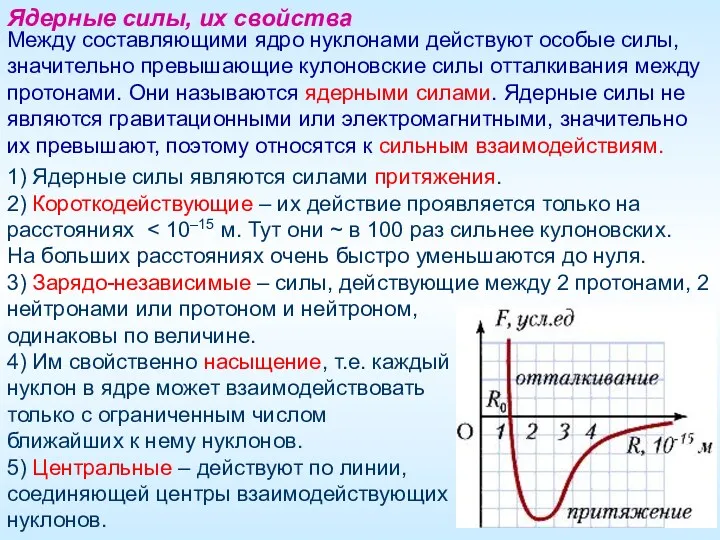 1) Ядерные силы являются силами притяжения. 2) Короткодействующие – их