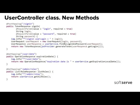 UserController class. New Methods