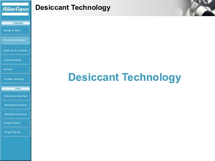 Desiccant Technology Desiccant Technology Desiccant Absortion Absorption process Absorption process Purge Process Purge Process Working principles
