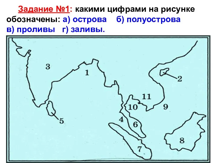 Задание №1: какими цифрами на рисунке обозначены: а) острова б) полуострова в) проливы г) заливы.