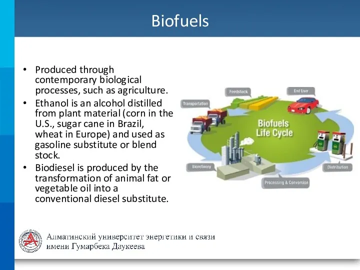 Biofuels Produced through contemporary biological processes, such as agriculture. Ethanol