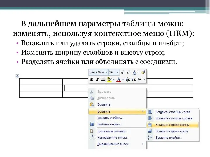 В дальнейшем параметры таблицы можно изменять, используя контекстное меню (ПКМ):