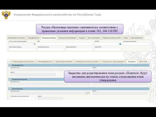 Раздел «Налоговые платежи» заполняется в соответствии с правилами указания информации