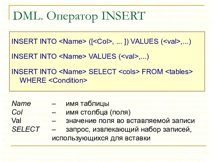 DML. Оператор INSERT INSERT INTO ([ , ... ]) VALUES