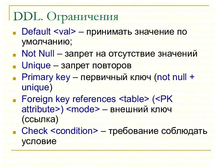 DDL. Ограничения Default – принимать значение по умолчанию; Not Null