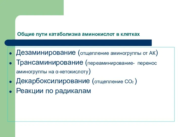 Общие пути катаболизма аминокислот в клетках Дезаминирование (отщепление аминогруппы от